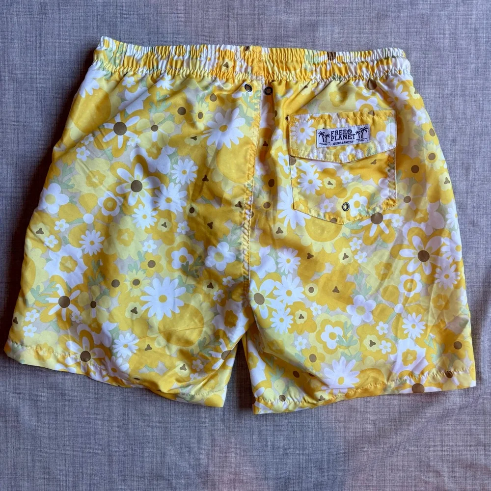 Free Planet M Yellow White Floral Swim Trunks